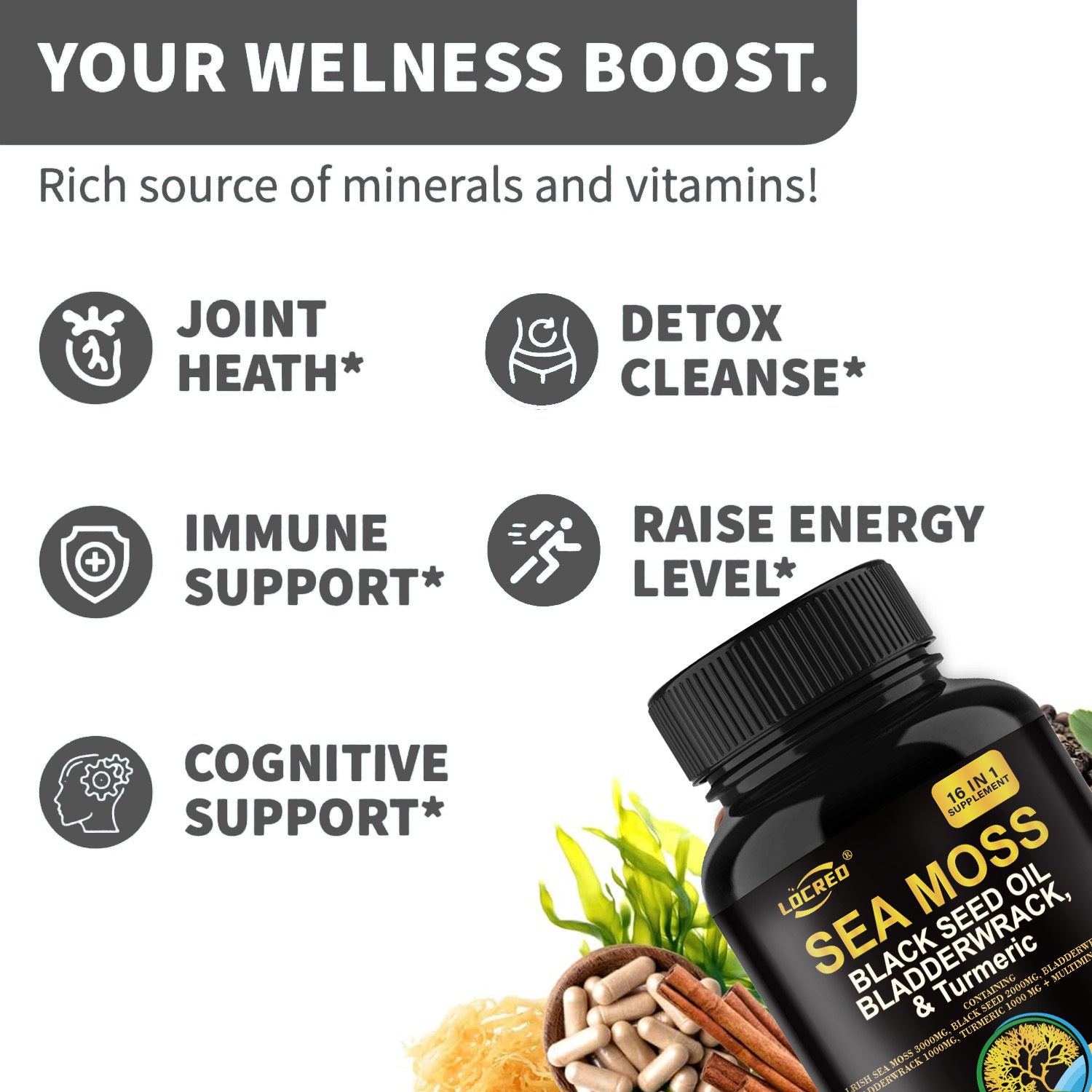 Black Seed Oil Bladder Wrack Turmeric 16-in-1 Supplements Joint Support Sea Moss Capsule.