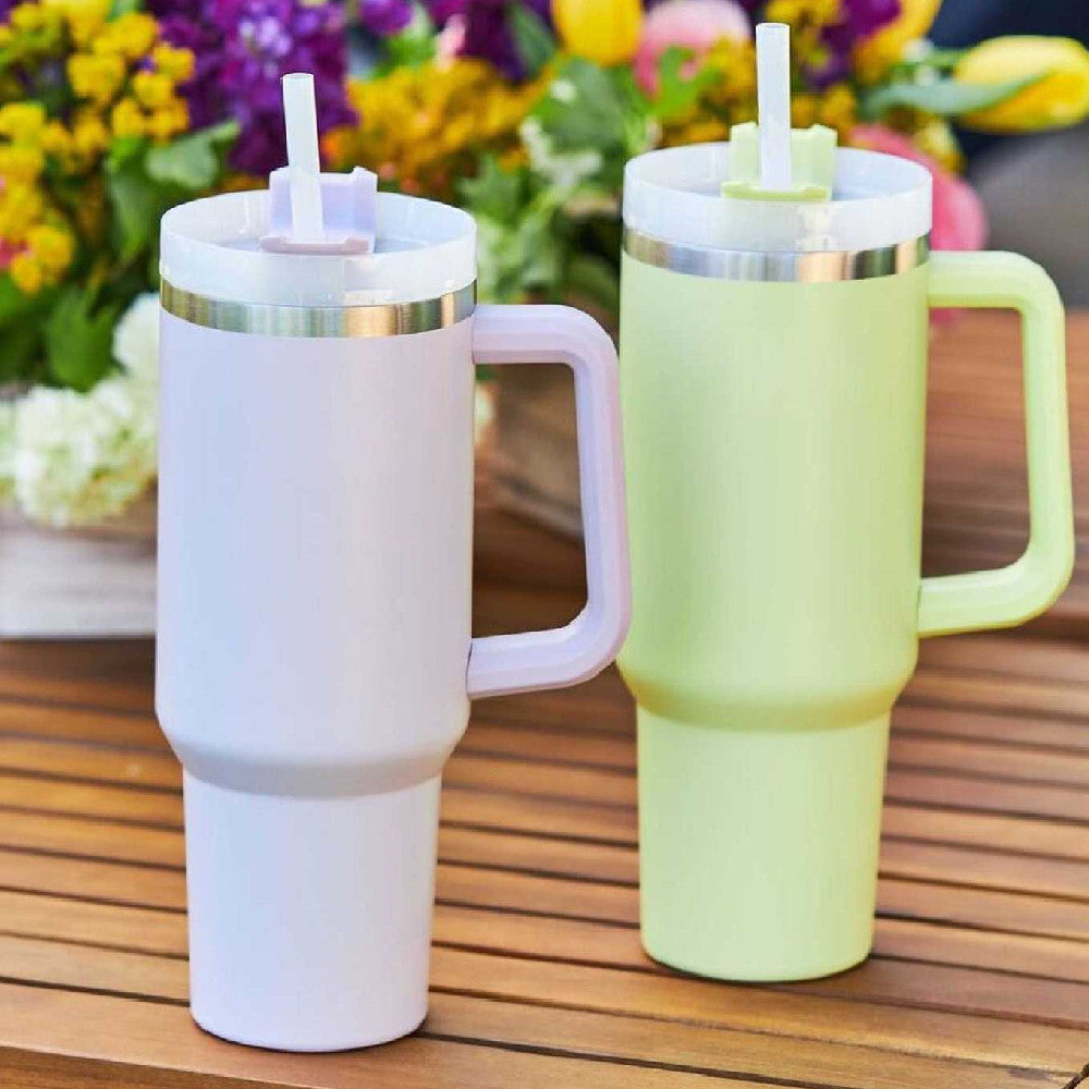 40 Oz Tumbler With Handle Straw Insulated, Stainless Steel Spill Proof Vacuum Coffee Cup Tumbler With Lid Tapered Mug Gifts For Valentine Lover Suitable For Car Gym Office Travel.
