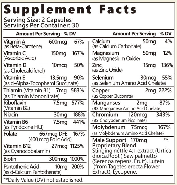 Multivitamin For Men - Complete Mens Multivitamins & Multiminerals With Vitamin A, C, D, E, B12, Zinc & More Essential Vitamins For Men - Mens Vitamins For Energy, Focus, And Mens Health. 60 Capsules.