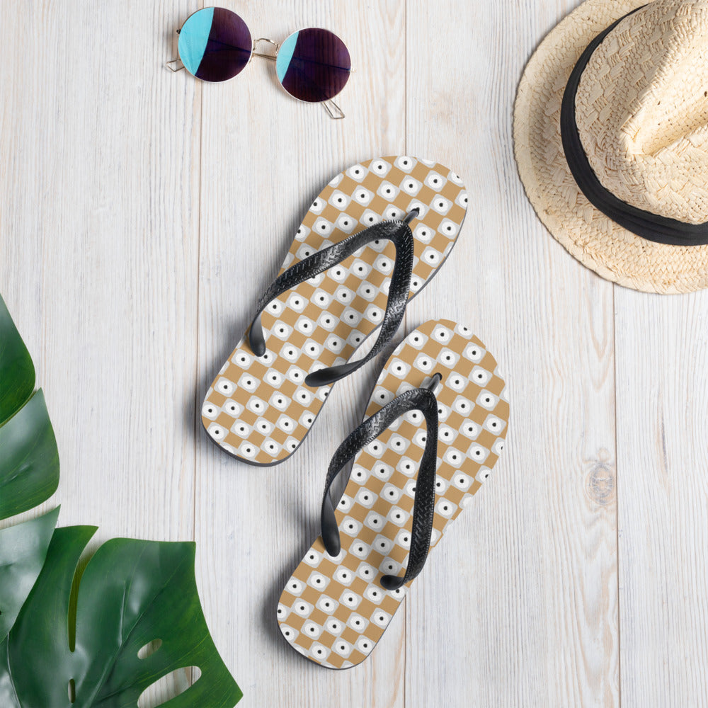 Beige and White Chequered Design. Flip-Flops - Life's Fun Treasures