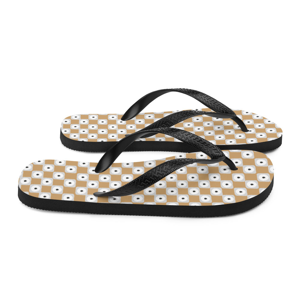 Beige and White Chequered Design. Flip-Flops - Life's Fun Treasures