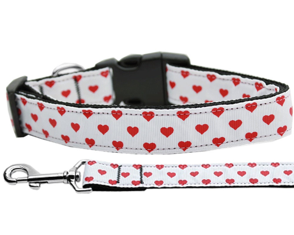 Pet Dog & Cat Nylon Collar or Leash, "White and Red Dotty Hearts" - Life's Fun Treasures