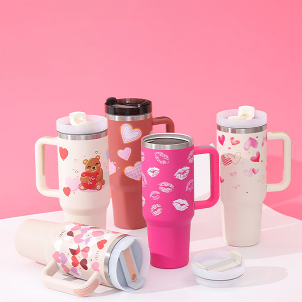 40 Oz Tumbler With Handle Straw Insulated, Stainless Steel Spill Proof Vacuum Coffee Cup Tumbler With Lid Tapered Mug Gifts For Valentine Lover Suitable For Car Gym Office Travel.