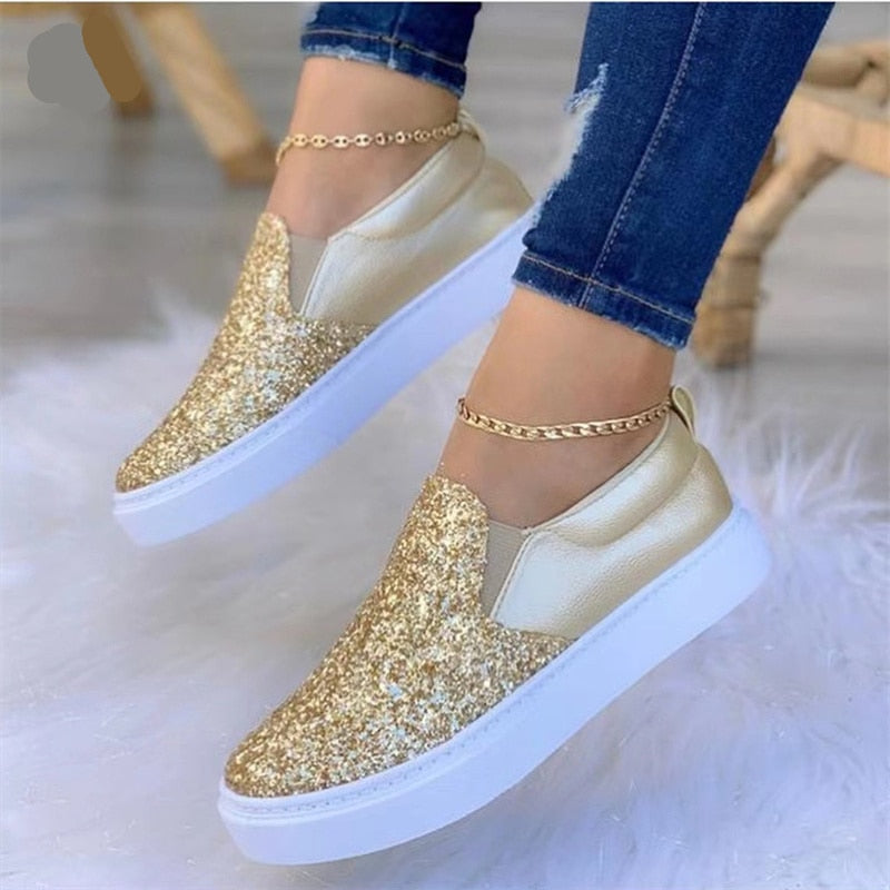 Moccasins Glitter Flat Female Loafers Shoes Black/Rose Gold/Black/Gold - Life's Fun Treasures