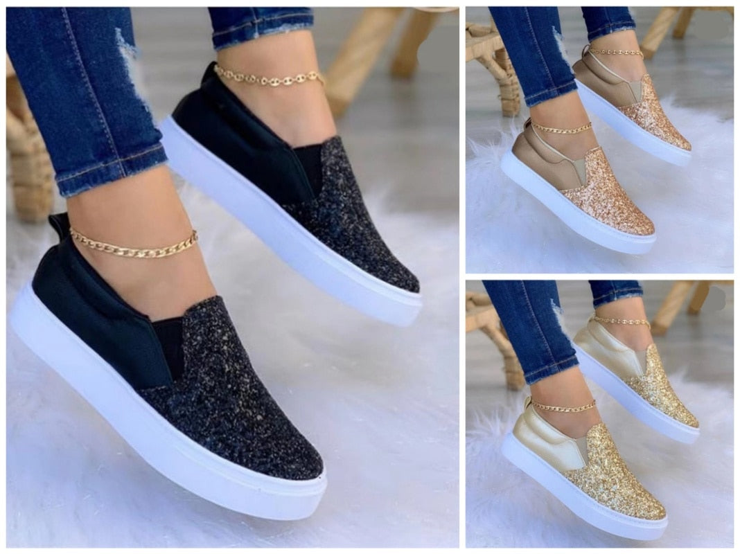 Moccasins Glitter Flat Female Loafers Shoes Black/Rose Gold/Black/Gold - Life's Fun Treasures