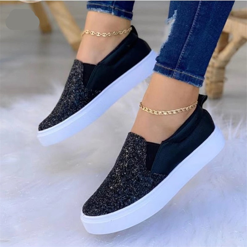 Moccasins Glitter Flat Female Loafers Shoes Black/Rose Gold/Black/Gold - Life's Fun Treasures
