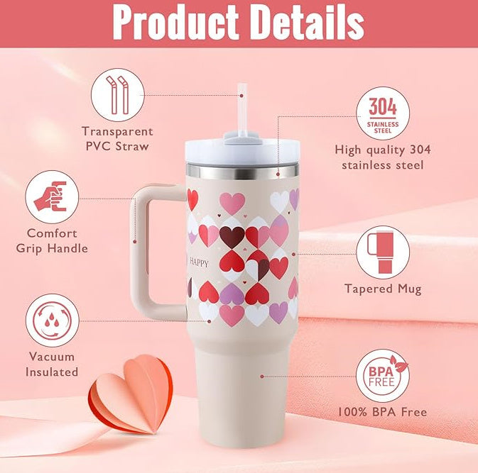 40 Oz Tumbler With Handle Straw Insulated, Stainless Steel Spill Proof Vacuum Coffee Cup Tumbler With Lid Tapered Mug Gifts For Valentine Lover Suitable For Car Gym Office Travel.