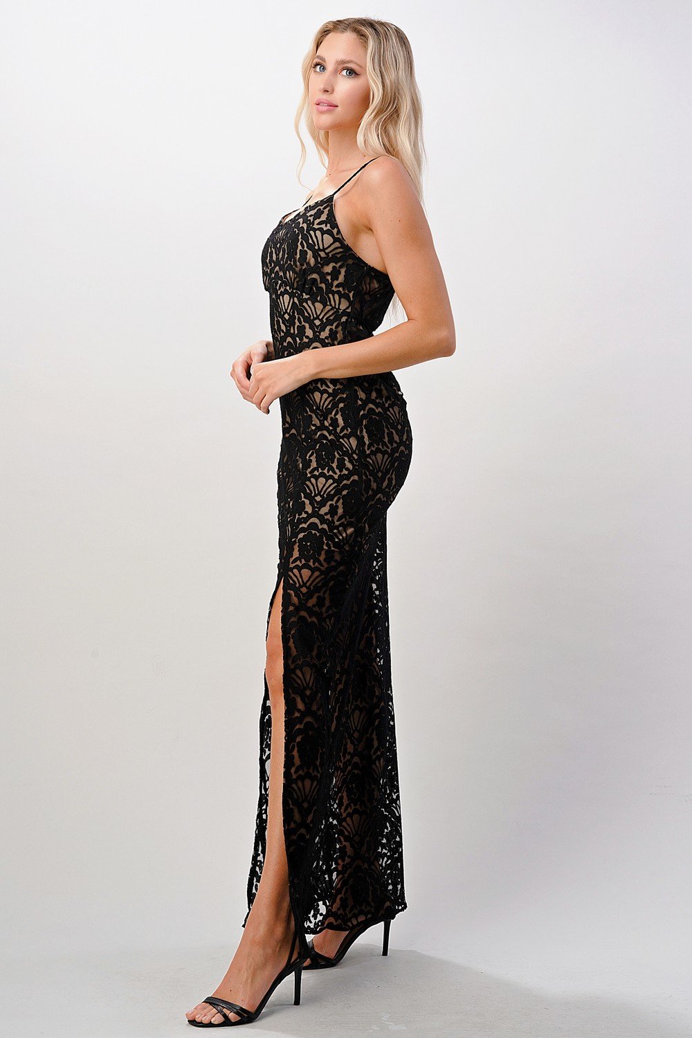 Elegant Black Lace Maxi Dress with Side Slit - Life's Fun Treasures