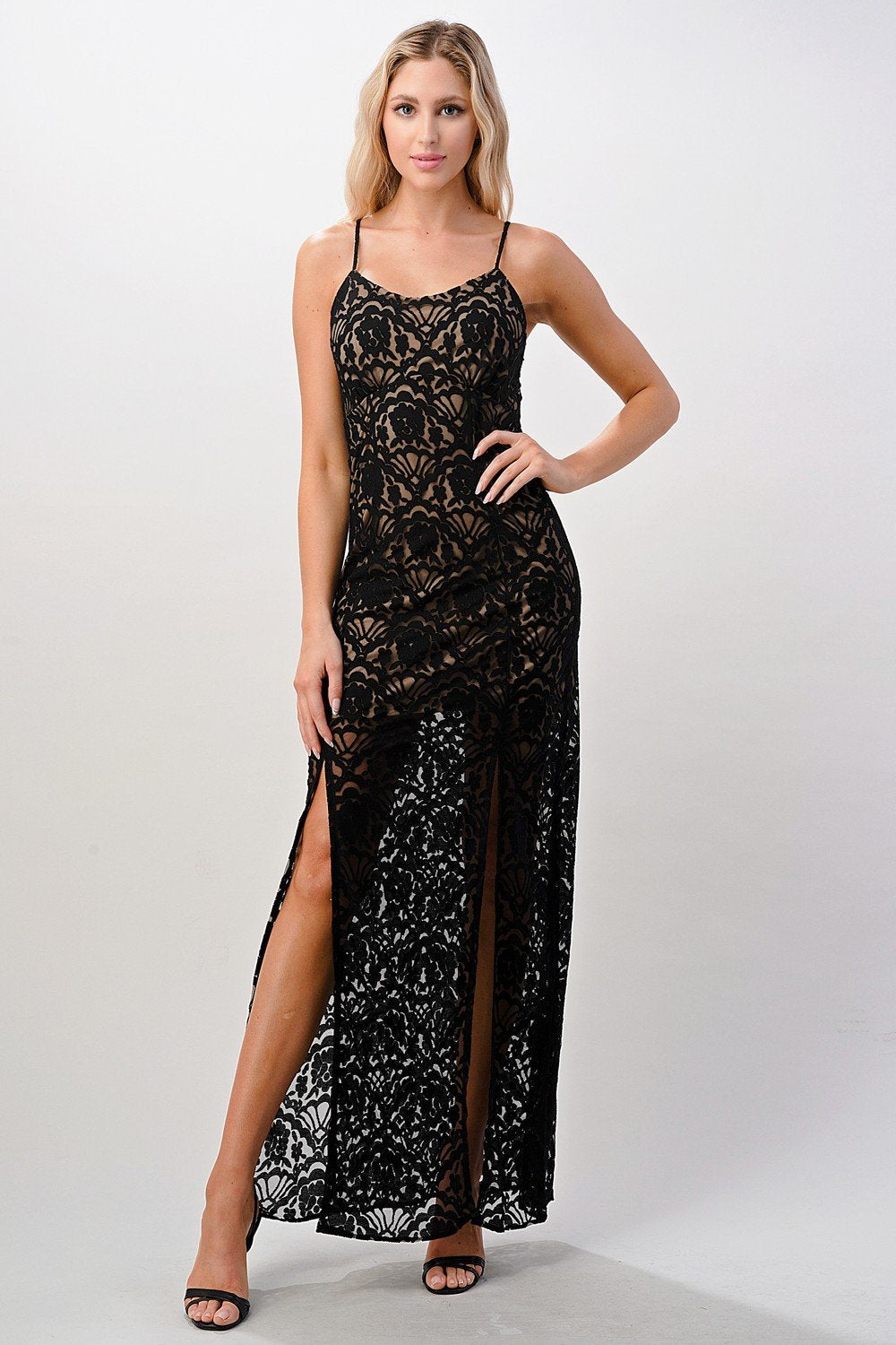 Elegant Black Lace Maxi Dress with Side Slit - Life's Fun Treasures