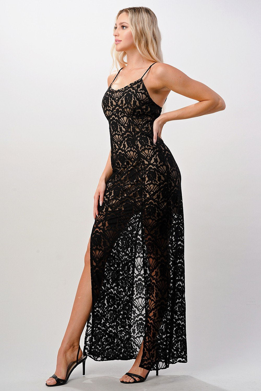 Elegant Black Lace Maxi Dress with Side Slit - Life's Fun Treasures