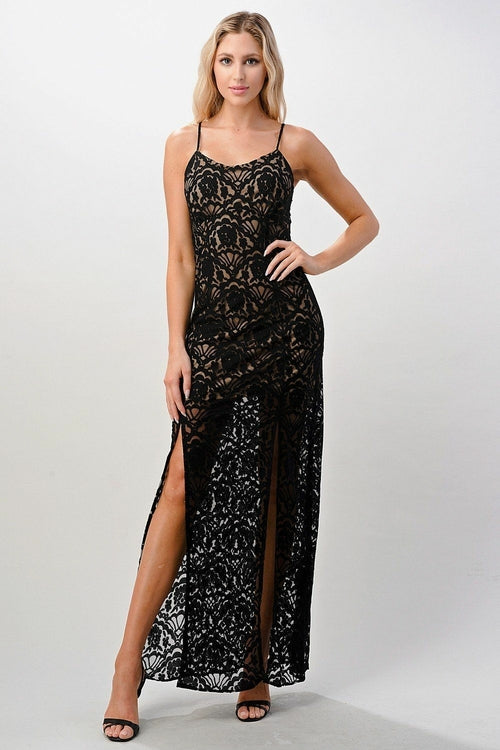 Elegant Black Lace Maxi Dress with Side Slit - Life's Fun Treasures