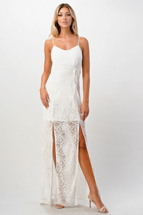 Elegant Black Lace Maxi Dress with Side Slit - Life's Fun Treasures