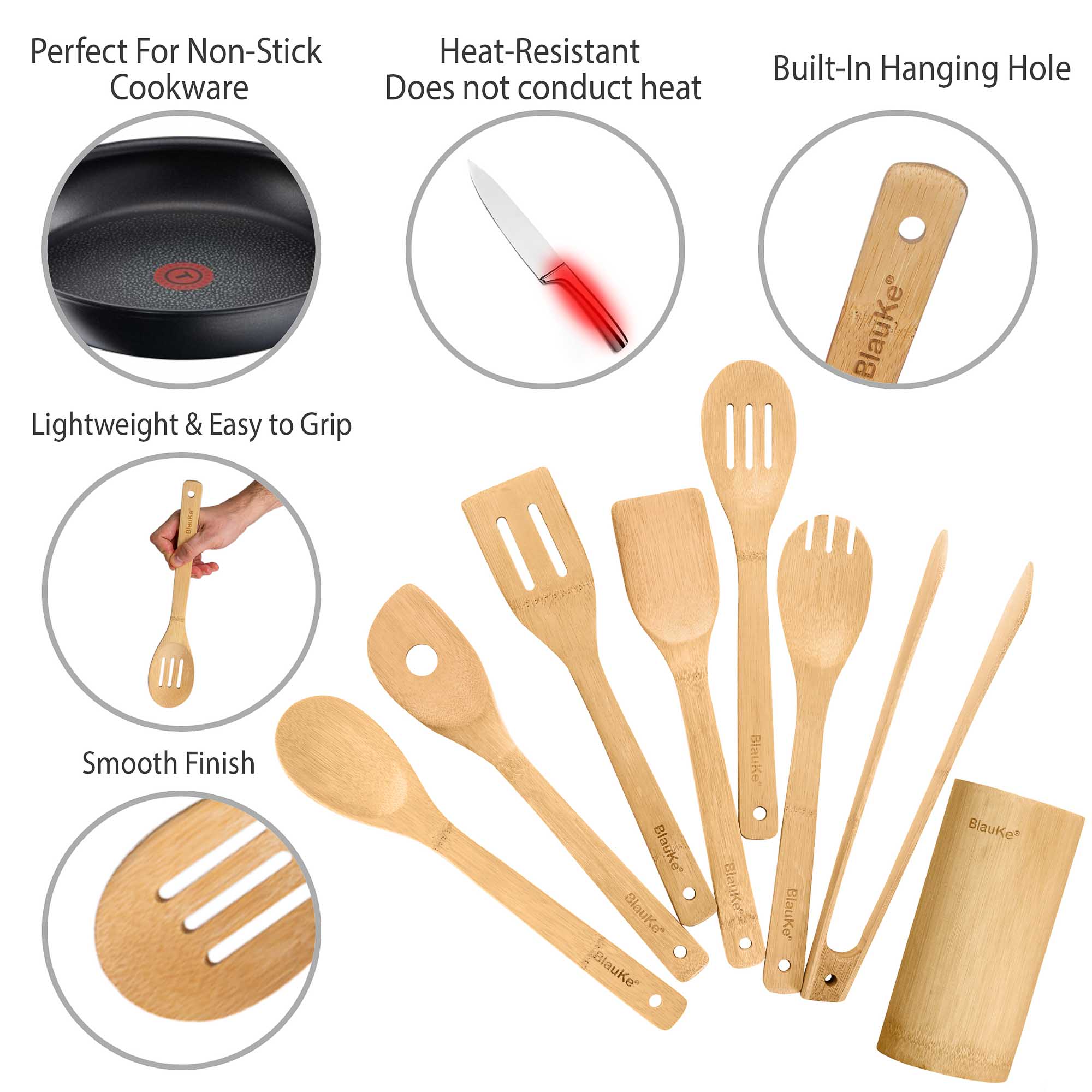 Bamboo Kitchen Utensils Set 8-Pack - Wooden Cooking Utensils - Life's Fun Treasures