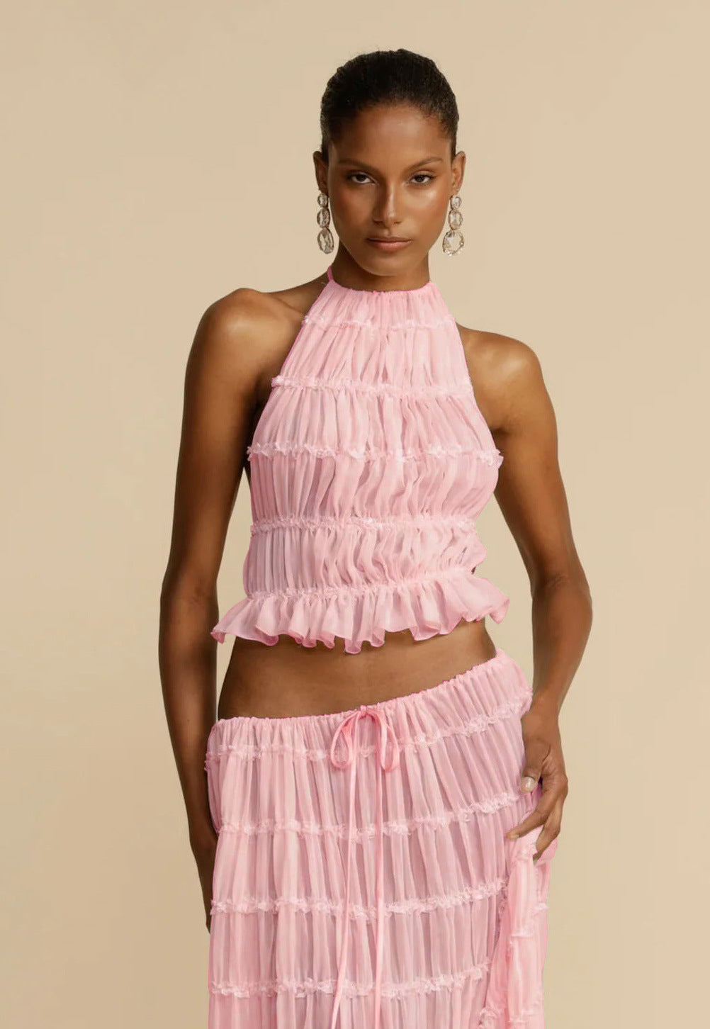 Women's Dress Suit Sexy Sleeveless Backless Cropped Halter Top And Pleated Long Skirt Beach Clothing - Life's Fun Treasures