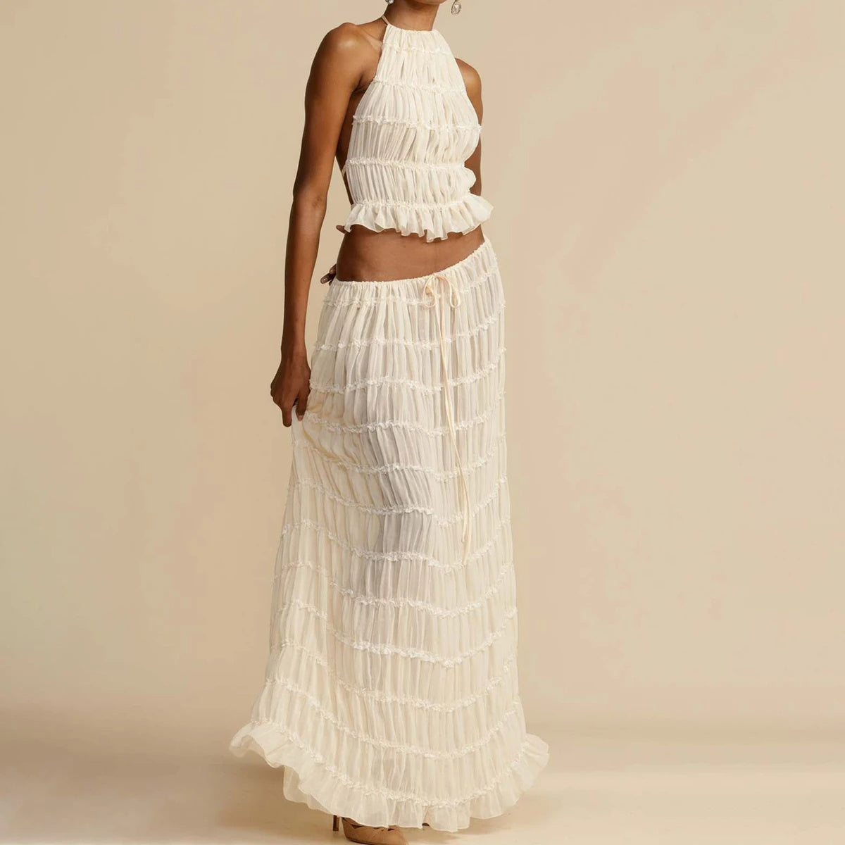 Women's Dress Suit Sexy Sleeveless Backless Cropped Halter Top And Pleated Long Skirt Beach Clothing - Life's Fun Treasures