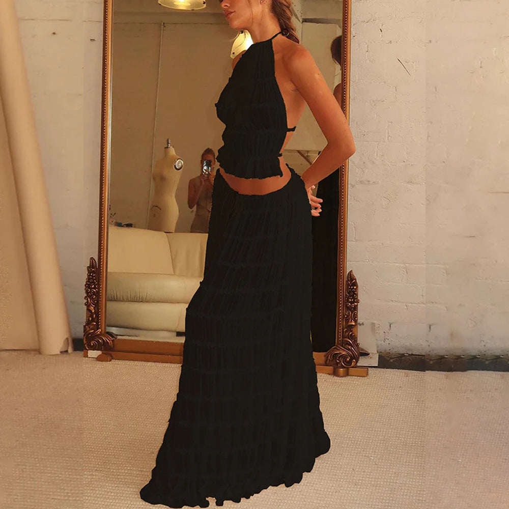 Women's Dress Suit Sexy Sleeveless Backless Cropped Halter Top And Pleated Long Skirt Beach Clothing - Life's Fun Treasures