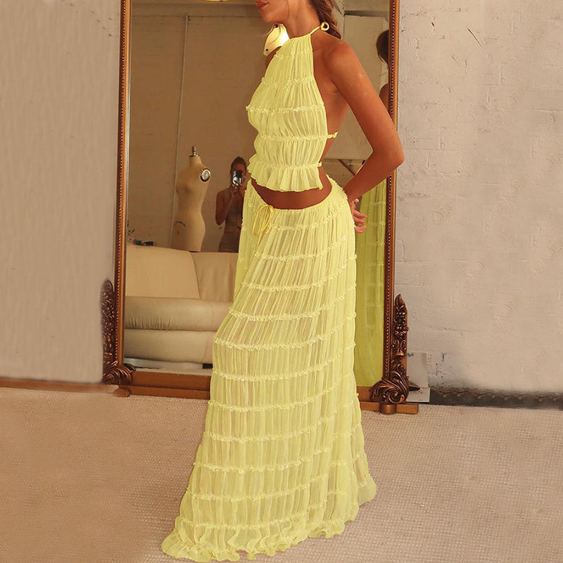 Women's Dress Suit Sexy Sleeveless Backless Cropped Halter Top And Pleated Long Skirt Beach Clothing - Life's Fun Treasures