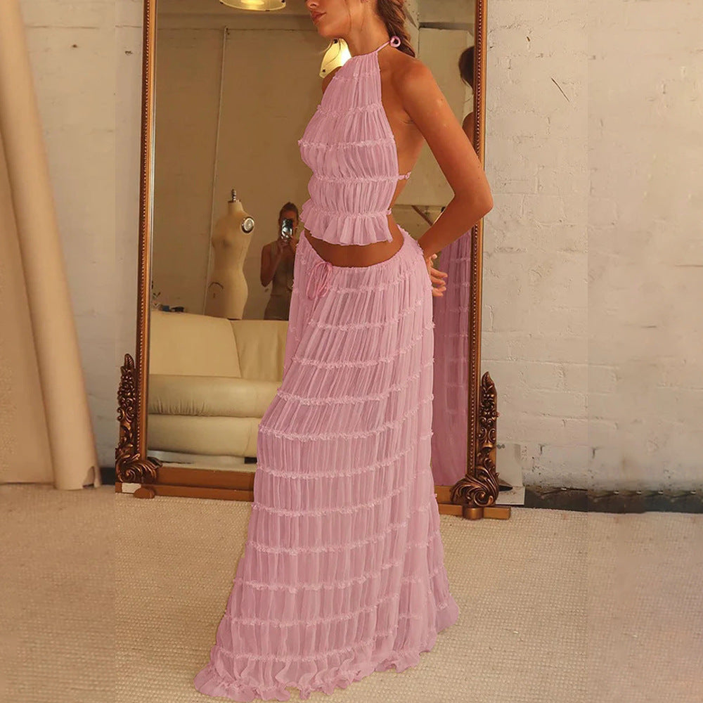 Women's Dress Suit Sexy Sleeveless Backless Cropped Halter Top And Pleated Long Skirt Beach Clothing - Life's Fun Treasures