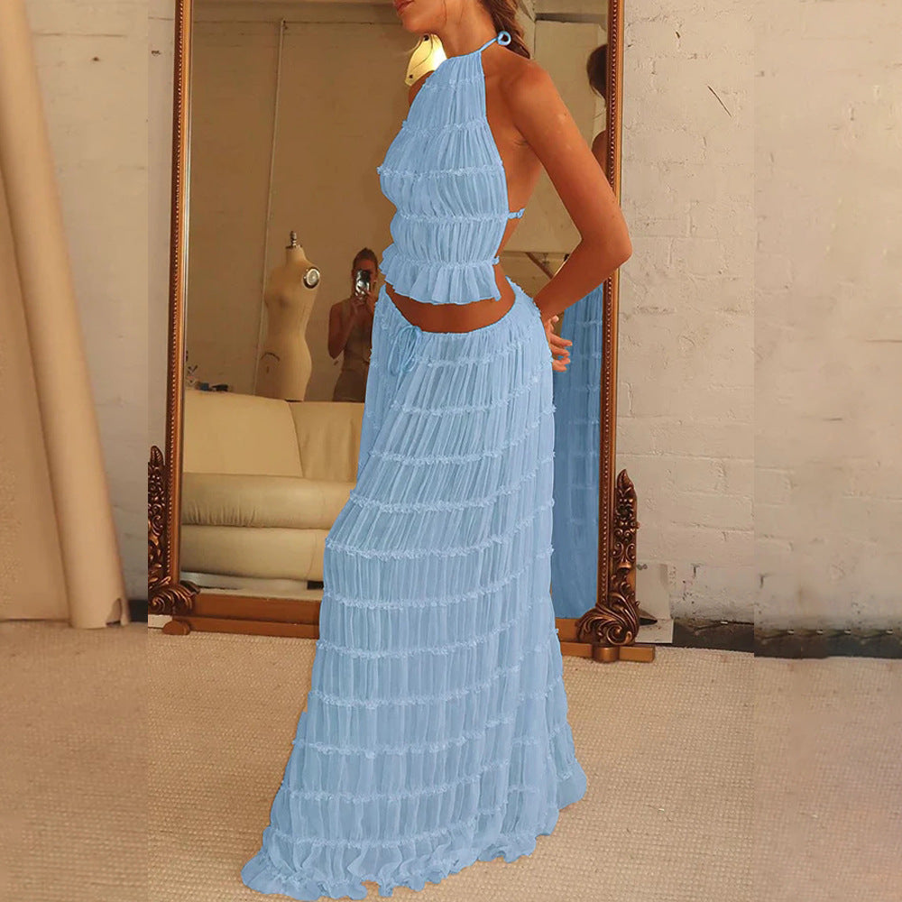 Women's Dress Suit Sexy Sleeveless Backless Cropped Halter Top And Pleated Long Skirt Beach Clothing - Life's Fun Treasures