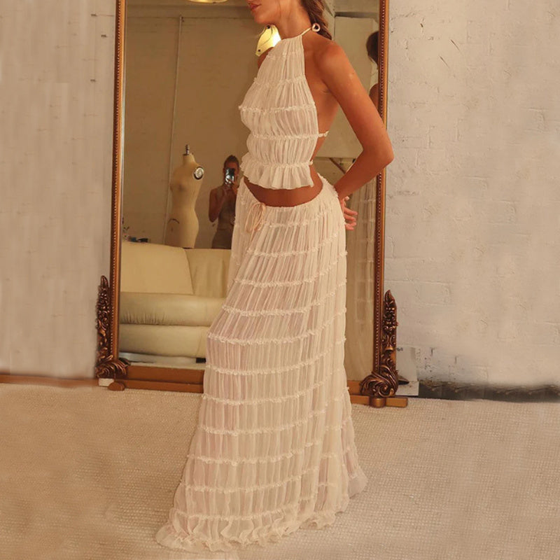 Women's Dress Suit Sexy Sleeveless Backless Cropped Halter Top And Pleated Long Skirt Beach Clothing - Life's Fun Treasures