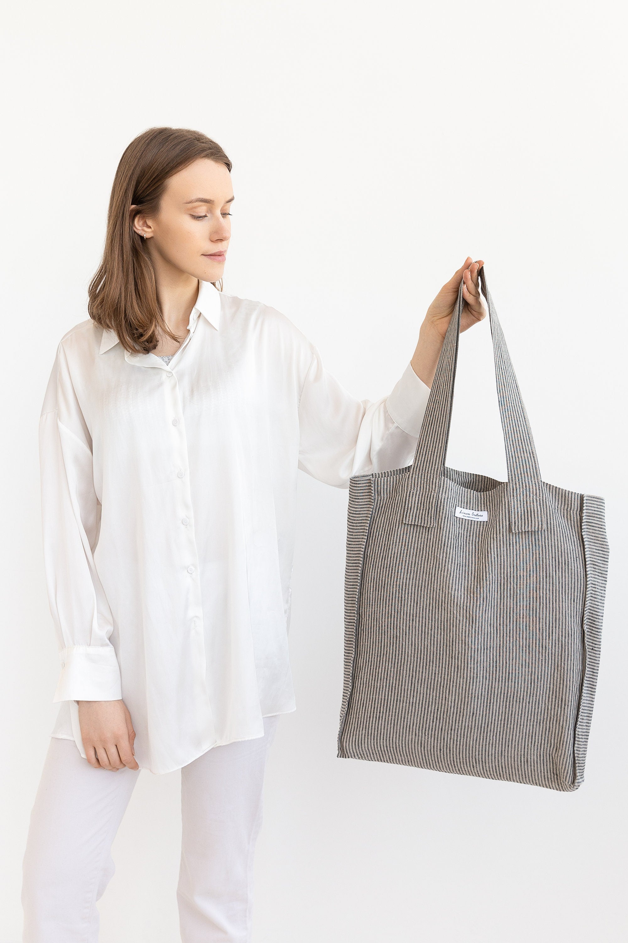 Striped Dark Grey linen weekender bag - Life's Fun Treasures