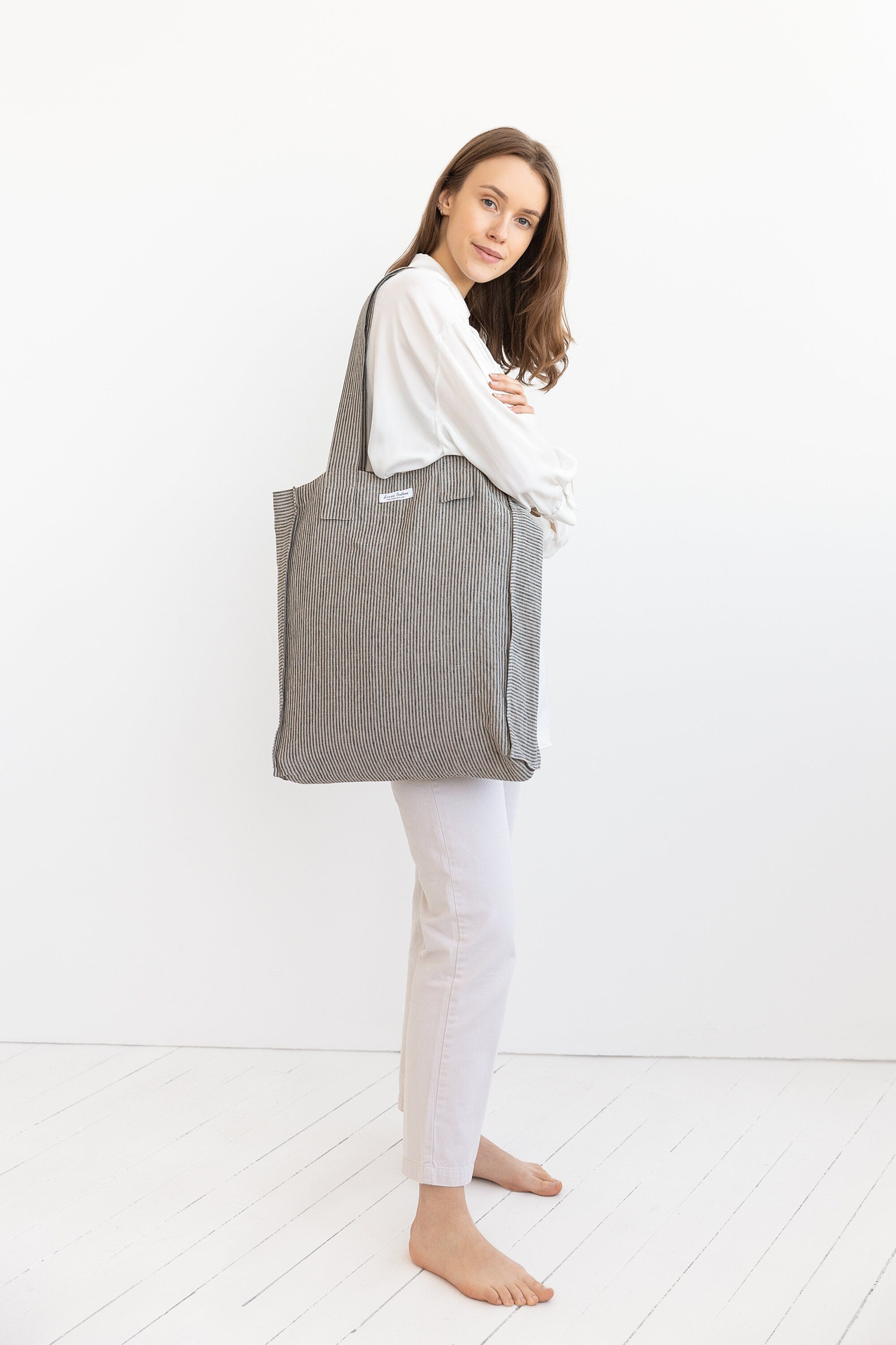 Striped Dark Grey linen weekender bag - Life's Fun Treasures