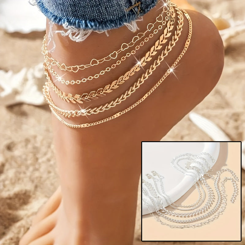 5Pcs Bohemian Airplane Chain Ankle Chain Fashion Design Heart-shaped Chain Anklets Women's Summer Beach On Foot Chain Jewelry - Life's Fun Treasures