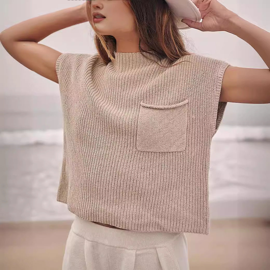 Women's Knitted Sleeveless Pocket Casual Rib Pullover Vest - Life's Fun Treasures