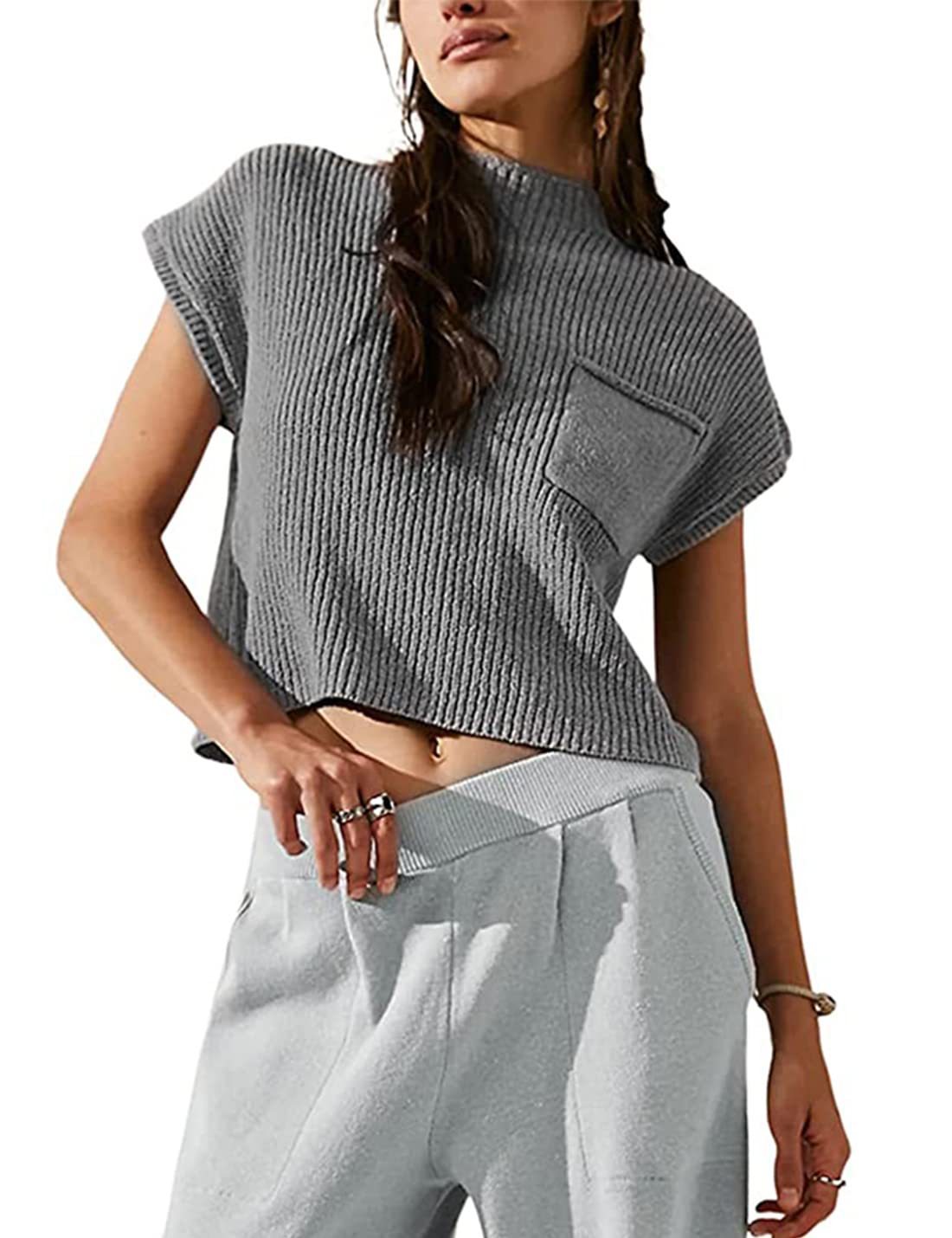 Women's Knitted Sleeveless Pocket Casual Rib Pullover Vest - Life's Fun Treasures