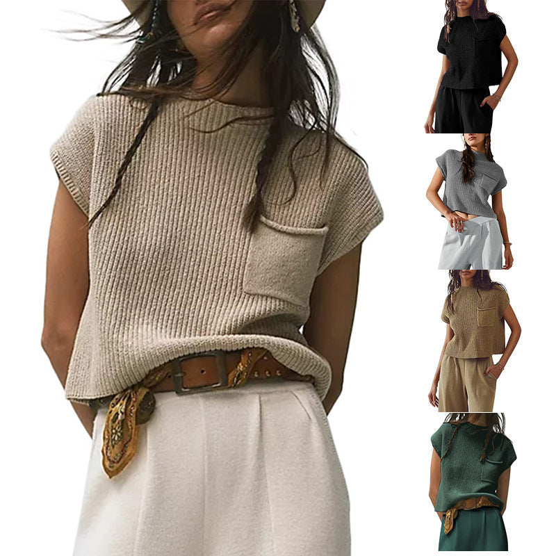 Women's Knitted Sleeveless Pocket Casual Rib Pullover Vest - Life's Fun Treasures