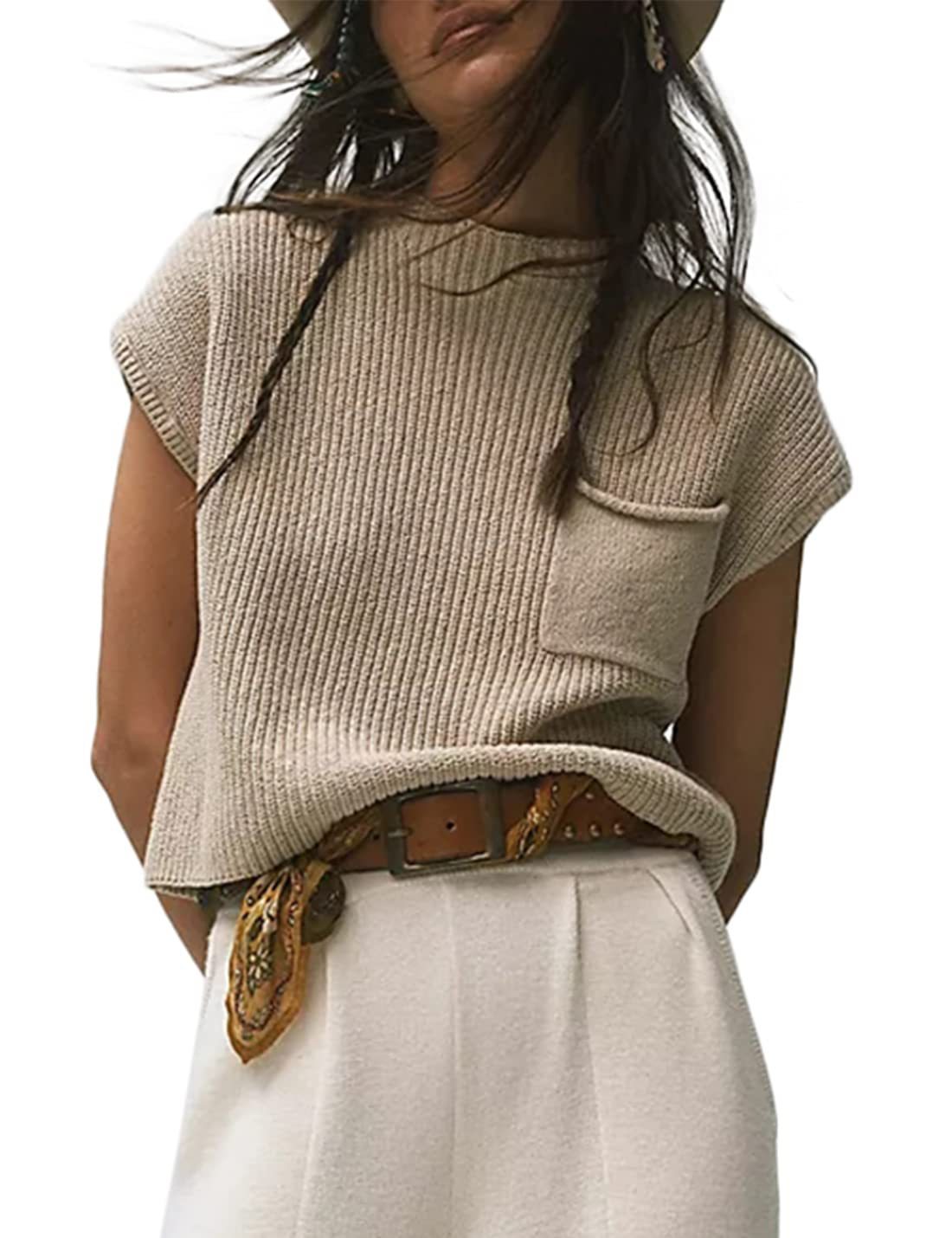 Women's Knitted Sleeveless Pocket Casual Rib Pullover Vest - Life's Fun Treasures