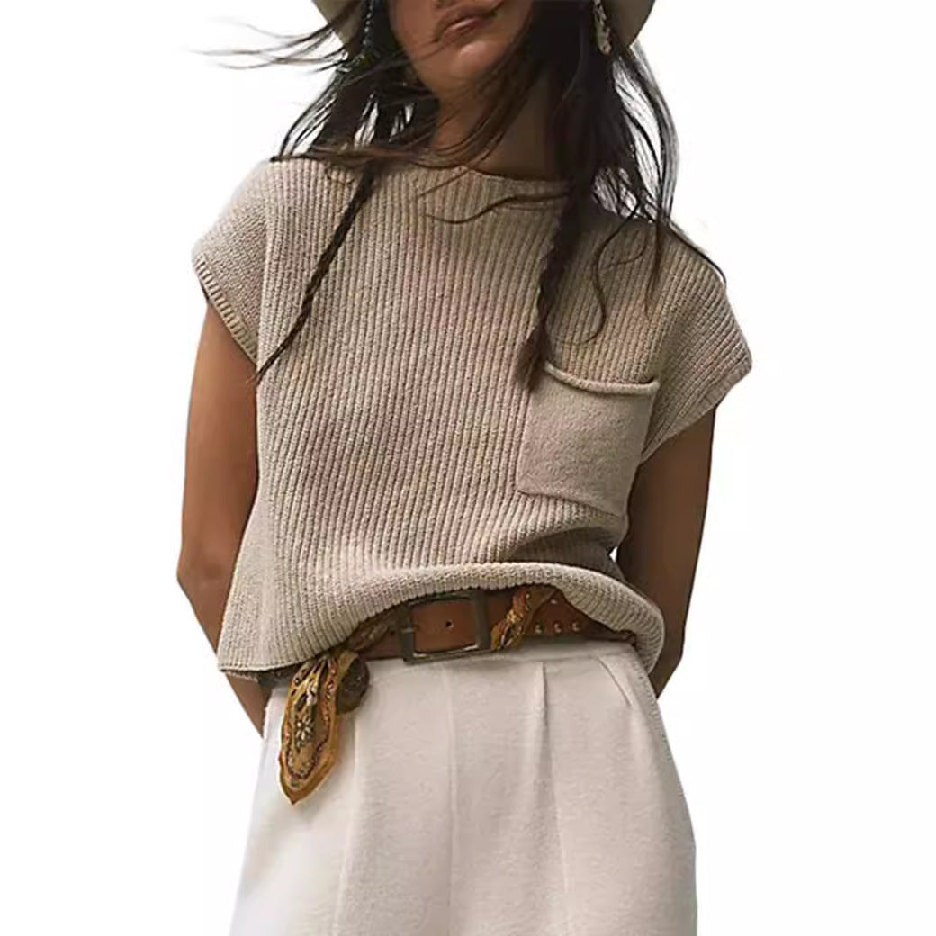 Women's Knitted Sleeveless Pocket Casual Rib Pullover Vest - Life's Fun Treasures
