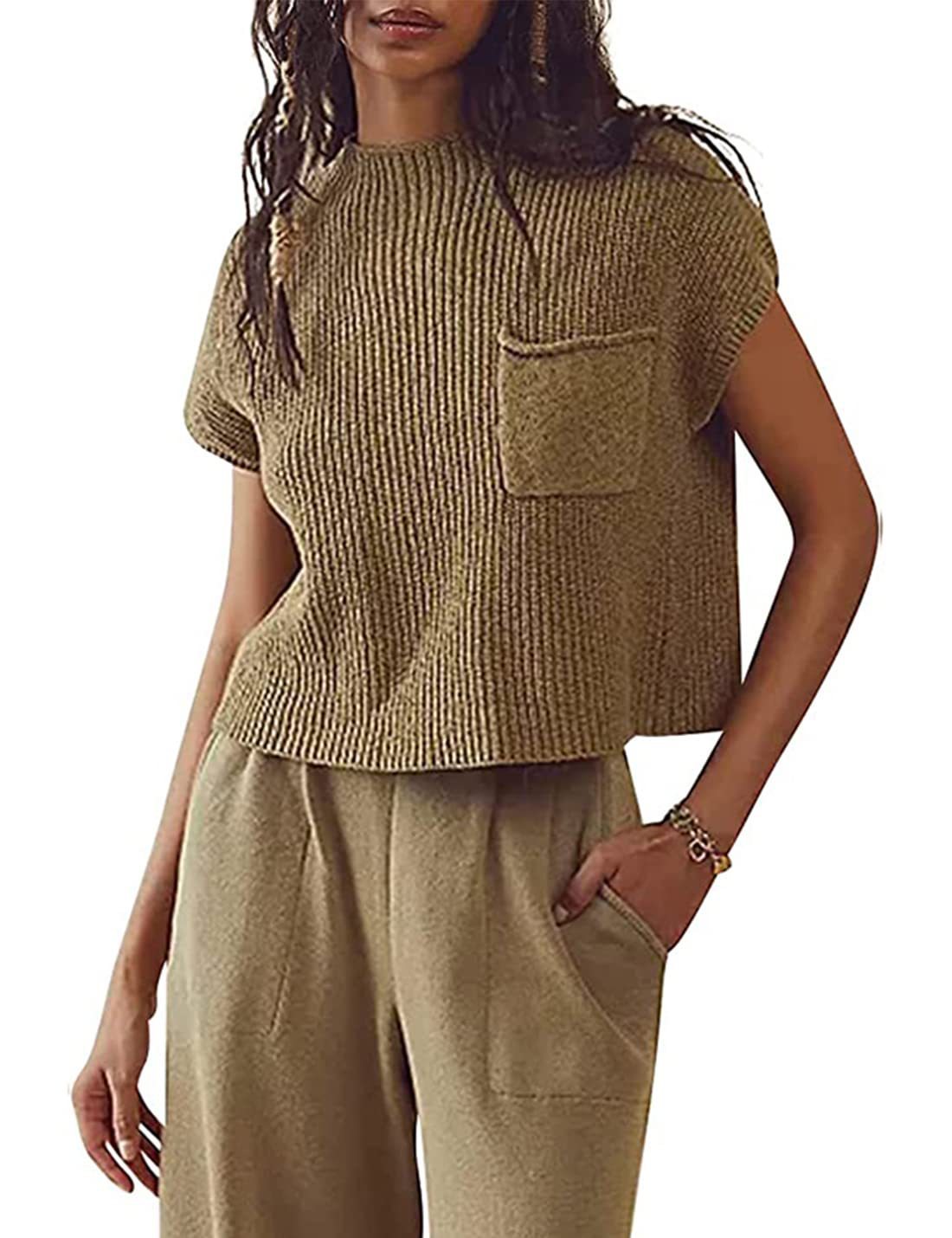 Women's Knitted Sleeveless Pocket Casual Rib Pullover Vest - Life's Fun Treasures