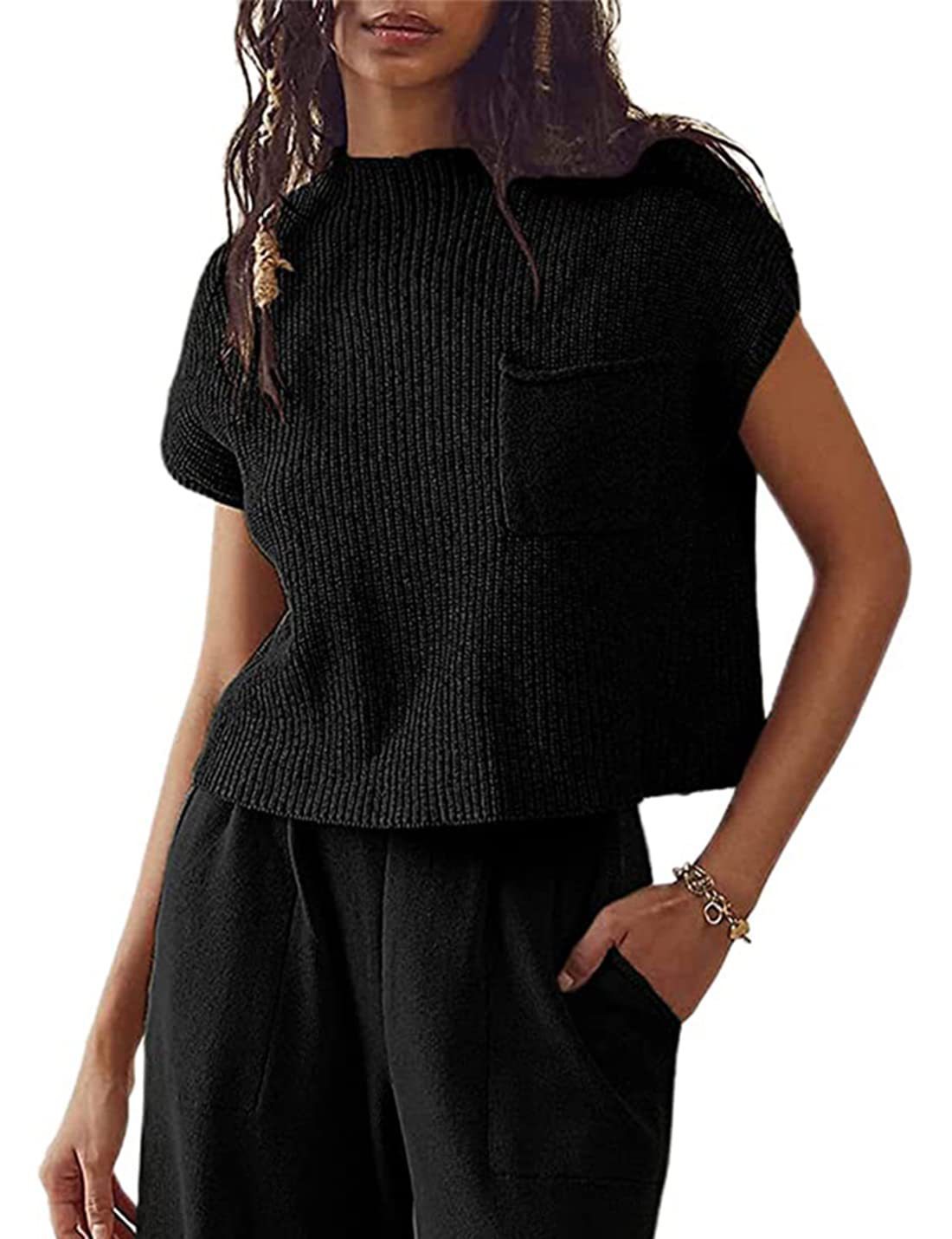 Women's Knitted Sleeveless Pocket Casual Rib Pullover Vest - Life's Fun Treasures