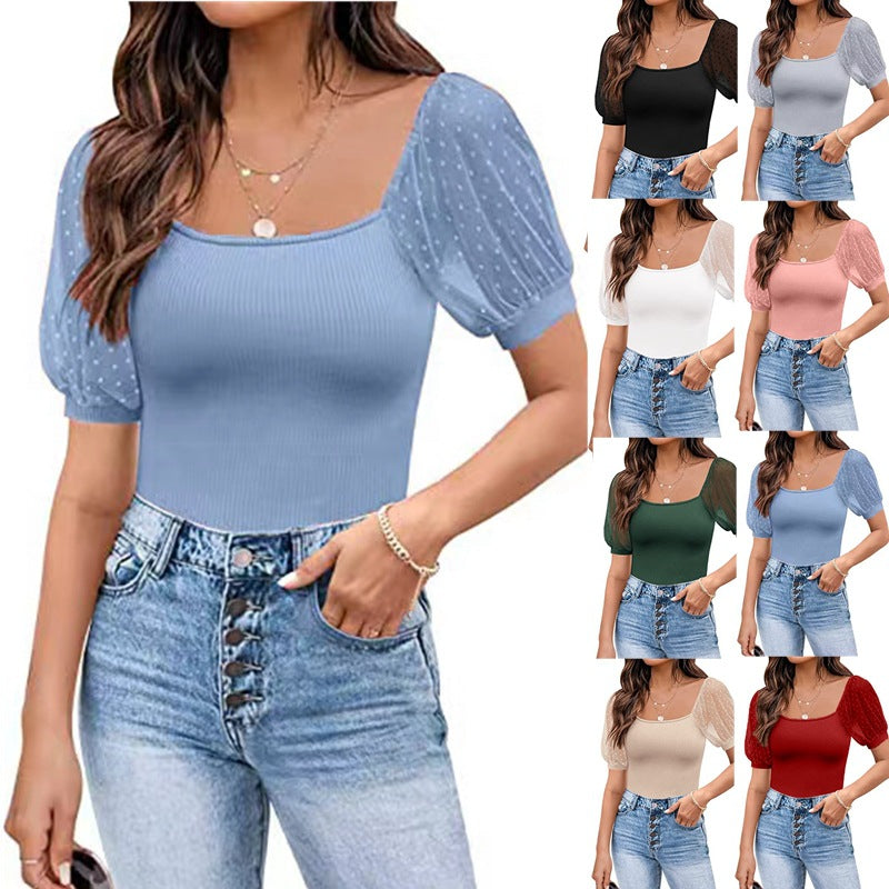 Fashionable See-through Slim Patchwork Short Sleeve - Life's Fun Treasures