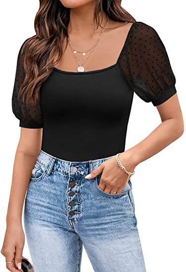 Fashionable See-through Slim Patchwork Short Sleeve - Life's Fun Treasures
