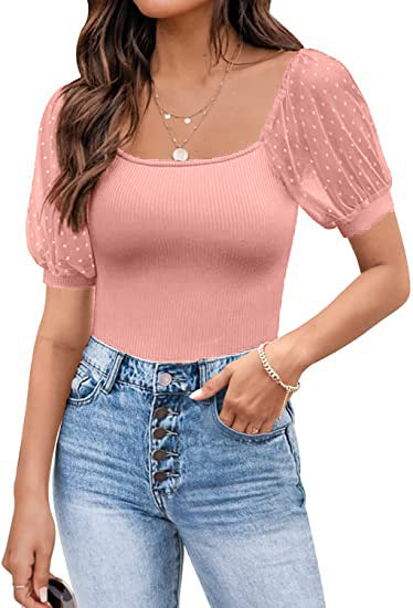 Fashionable See-through Slim Patchwork Short Sleeve - Life's Fun Treasures