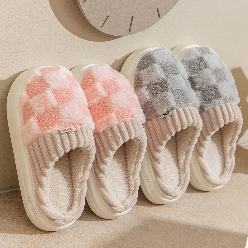 Plaid Plush Slippers Women's Indoor Plush Home Slippers Soft Sole Thick Non-Slip Warm House Shoes Couple Autumn And Winter - Life's Fun Treasures
