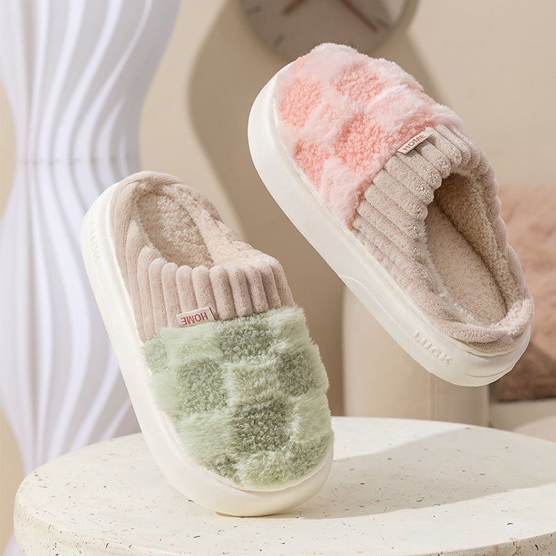 Plaid Plush Slippers Women's Indoor Plush Home Slippers Soft Sole Thick Non-Slip Warm House Shoes Couple Autumn And Winter - Life's Fun Treasures