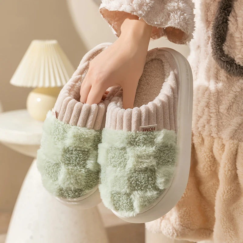 Plaid Plush Slippers Women's Indoor Plush Home Slippers Soft Sole Thick Non-Slip Warm House Shoes Couple Autumn And Winter - Life's Fun Treasures
