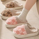 Plaid Plush Slippers Women's Indoor Plush Home Slippers Soft Sole Thick Non-Slip Warm House Shoes Couple Autumn And Winter - Life's Fun Treasures