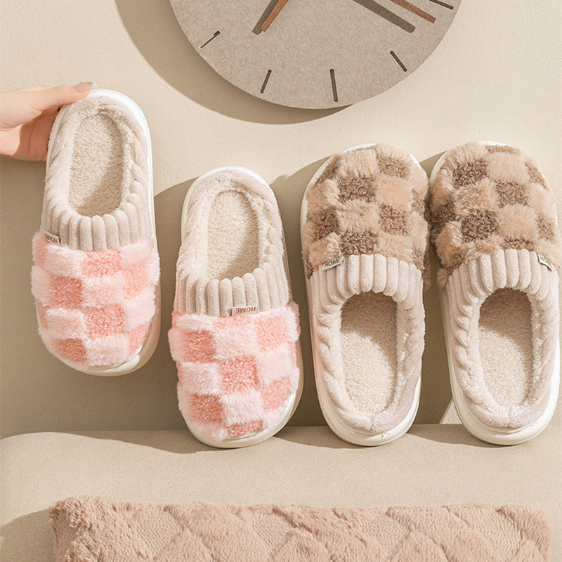 Plaid Plush Slippers Women's Indoor Plush Home Slippers Soft Sole Thick Non-Slip Warm House Shoes Couple Autumn And Winter - Life's Fun Treasures