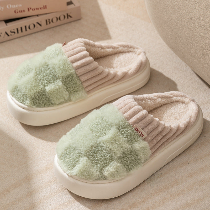 Plaid Plush Slippers Women's Indoor Plush Home Slippers Soft Sole Thick Non-Slip Warm House Shoes Couple Autumn And Winter - Life's Fun Treasures