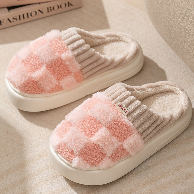 Plaid Plush Slippers Women's Indoor Plush Home Slippers Soft Sole Thick Non-Slip Warm House Shoes Couple Autumn And Winter - Life's Fun Treasures