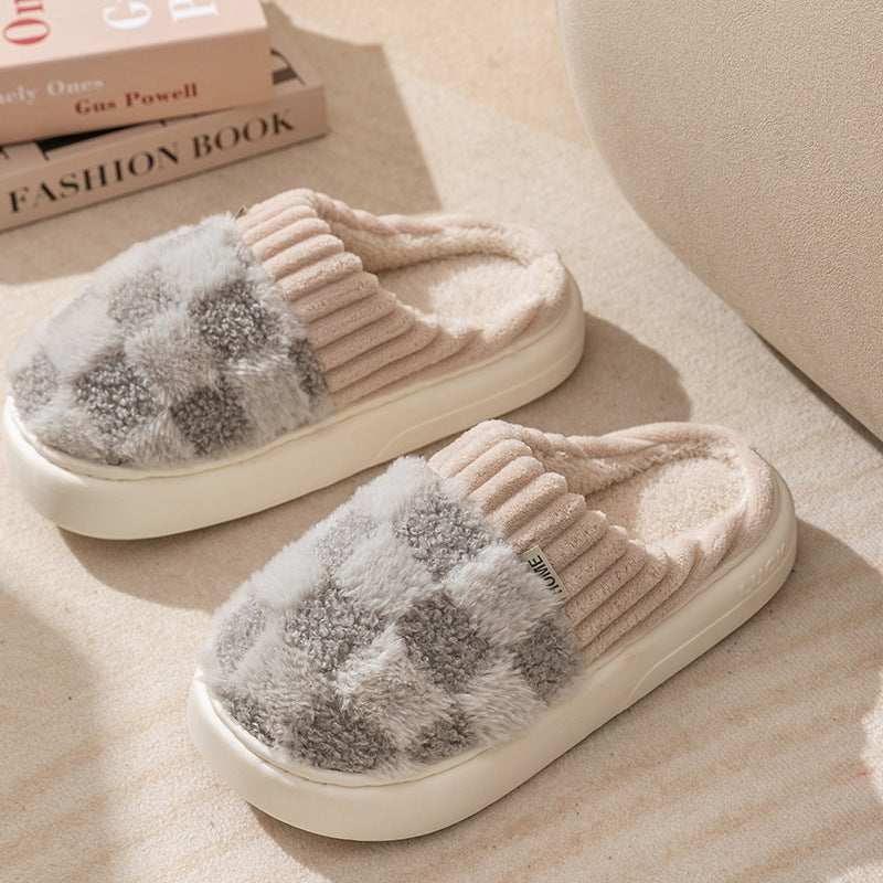 Plaid Plush Slippers Women's Indoor Plush Home Slippers Soft Sole Thick Non-Slip Warm House Shoes Couple Autumn And Winter - Life's Fun Treasures