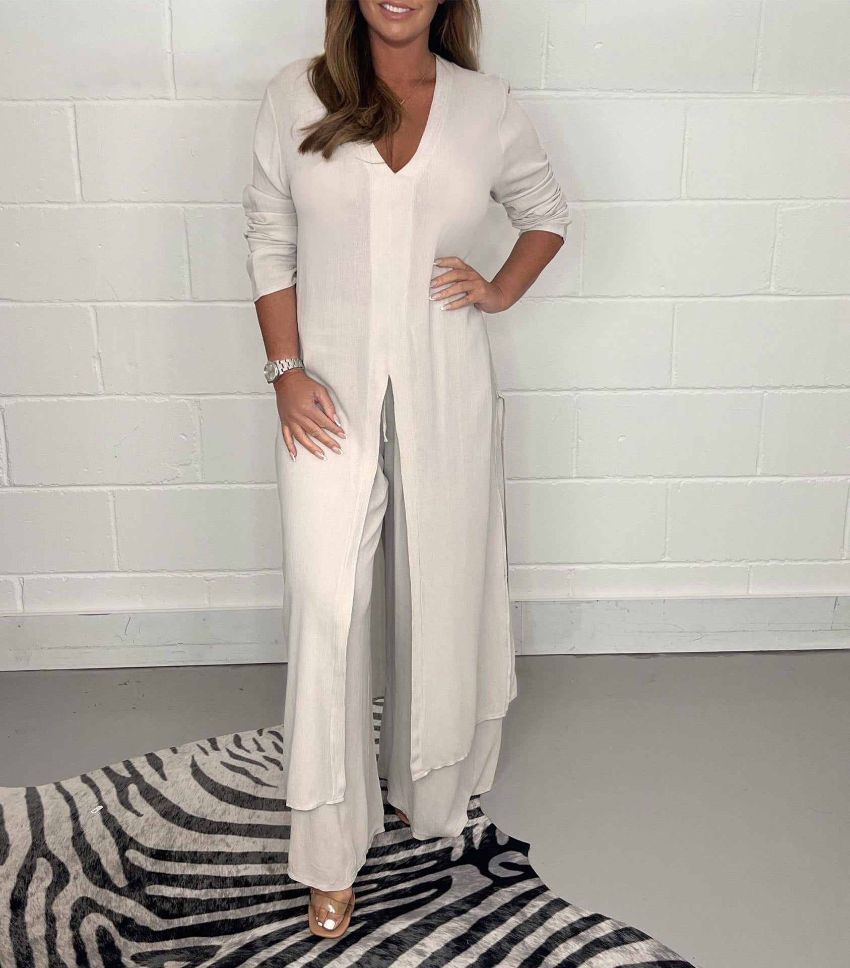 Women's Fashion Simple Solid Color Long Top Long Pants Set - Life's Fun Treasures