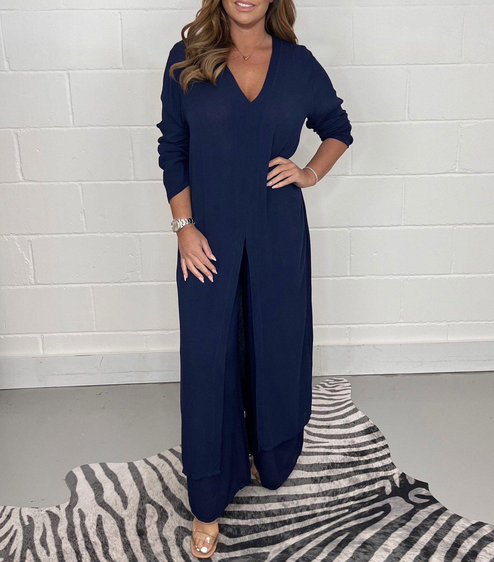 Women's Fashion Simple Solid Color Long Top Long Pants Set - Life's Fun Treasures