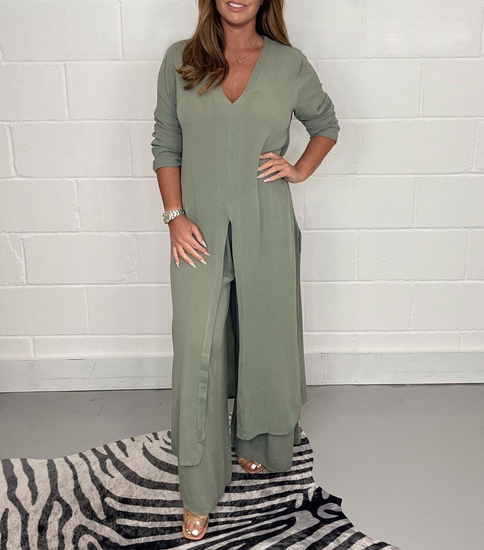Women's Fashion Simple Solid Color Long Top Long Pants Set - Life's Fun Treasures
