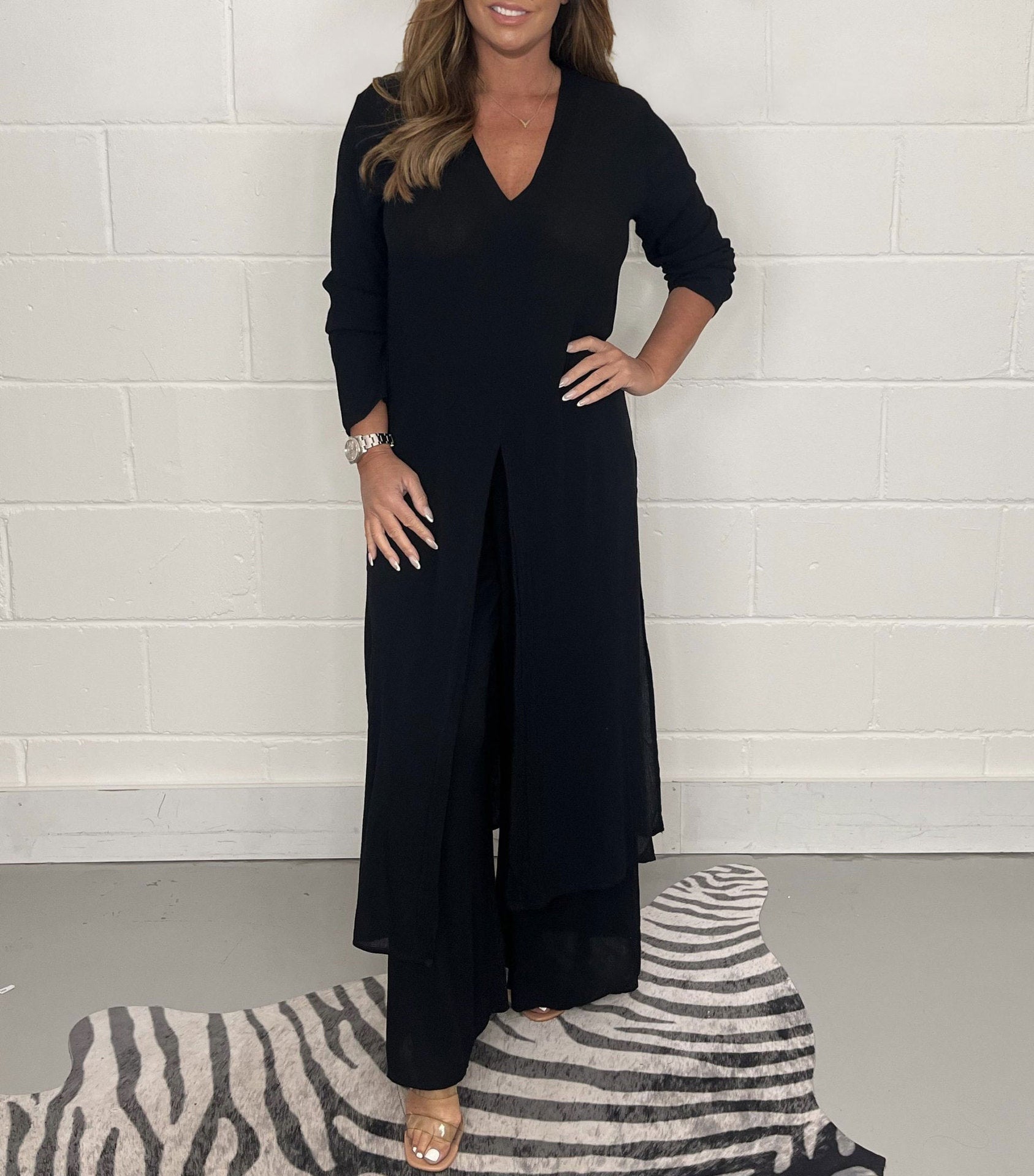 Women's Fashion Simple Solid Color Long Top Long Pants Set - Life's Fun Treasures