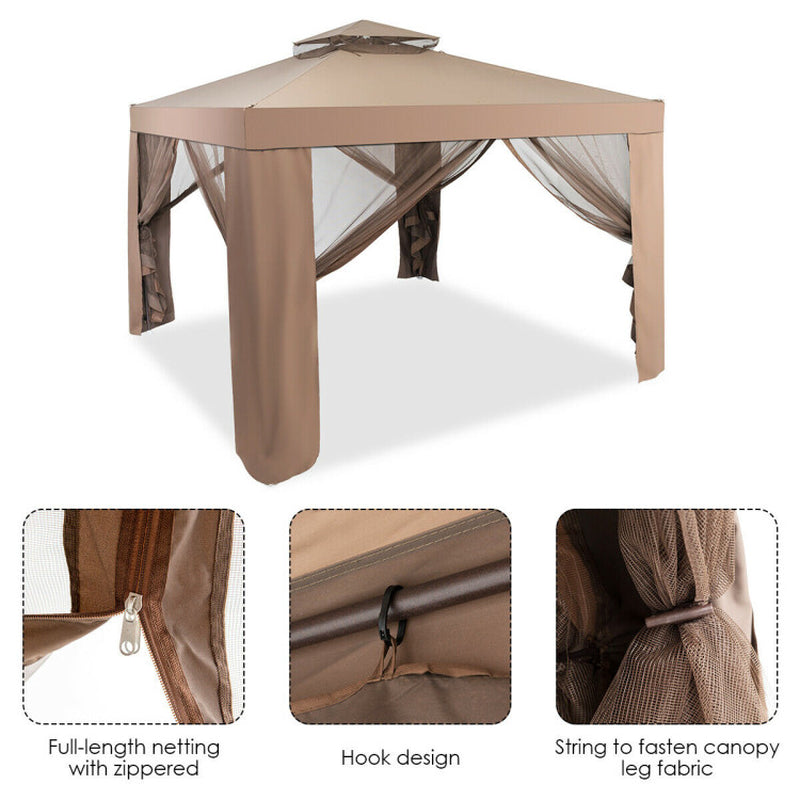 10 X 10 Feet Patio Canopy Gazebo with Neting and Double Tiered Roof - Life's Fun Treasures